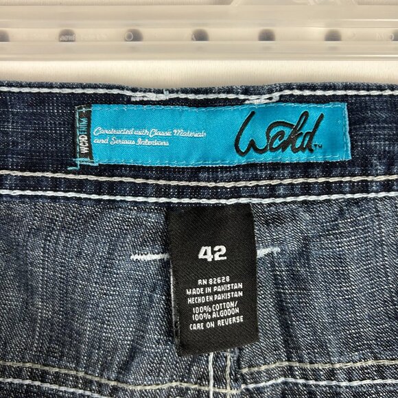 Wckd y2K Baggy Jean Shorts Size 42 Wide Leg Embroidered Blue Jorts 16" Inseam - Picture 5 of 6